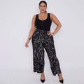 Black Line Art Abstract Print Wide-Leg Drawstring Palazzo Pleated Pants PLUS