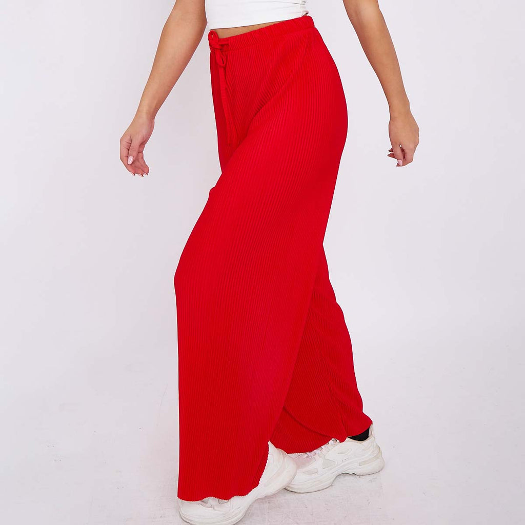 Red Wide-Leg Drawstring Pants Palazzo Pleated Pants
