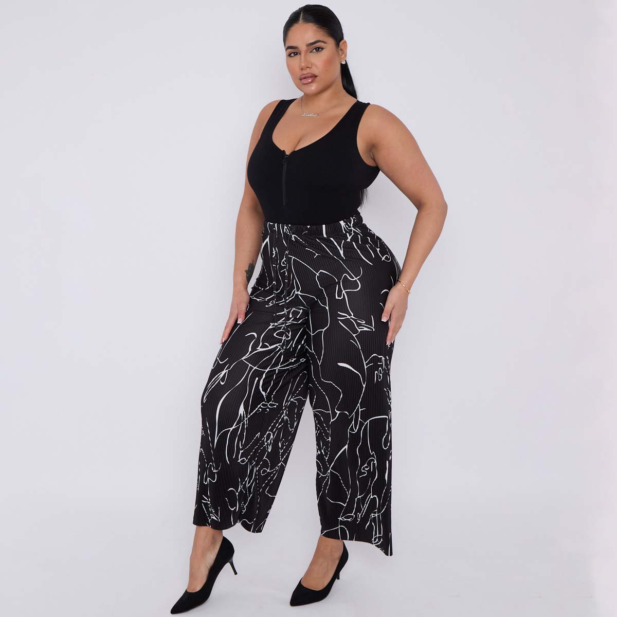 Black Line Art Abstract Print Wide-Leg Drawstring Palazzo Pleated Pants CORE(0XL-XL)