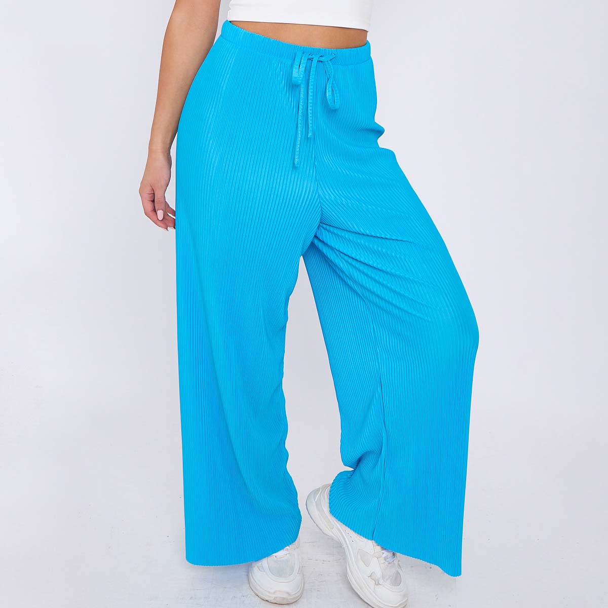 Blue Solid Color Wide-Leg Drawstring Palazzo Pleated Pants