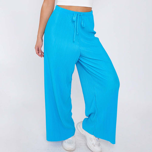 Blue Solid Color Wide-Leg Drawstring Palazzo Pleated Pants