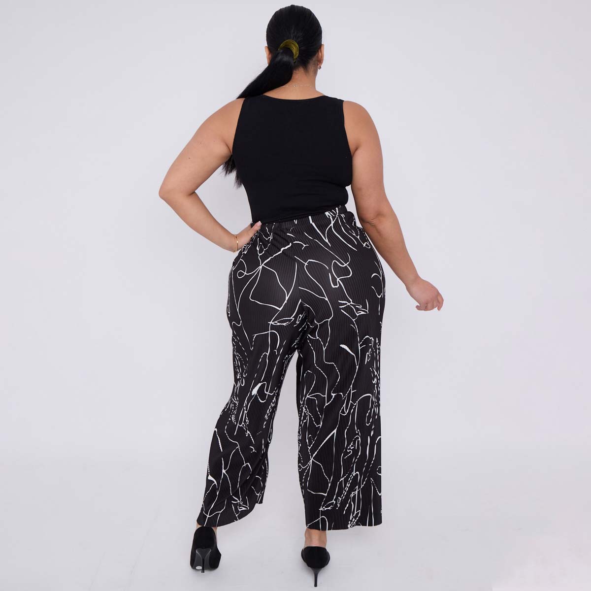 Black Line Art Abstract Print Wide-Leg Drawstring Palazzo Pleated Pants CORE(0XL-XL)