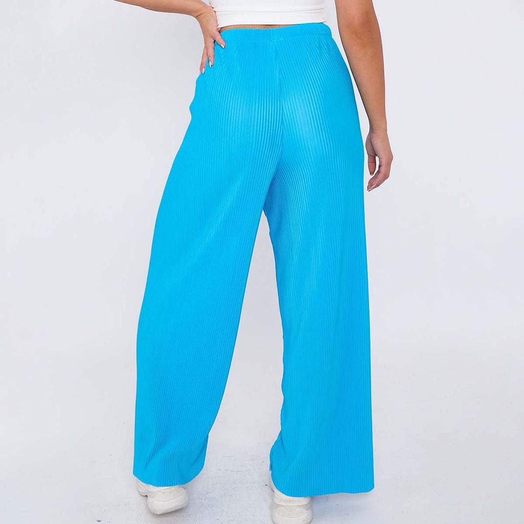 Blue Solid Color Wide-Leg Drawstring Palazzo Pleated Pants