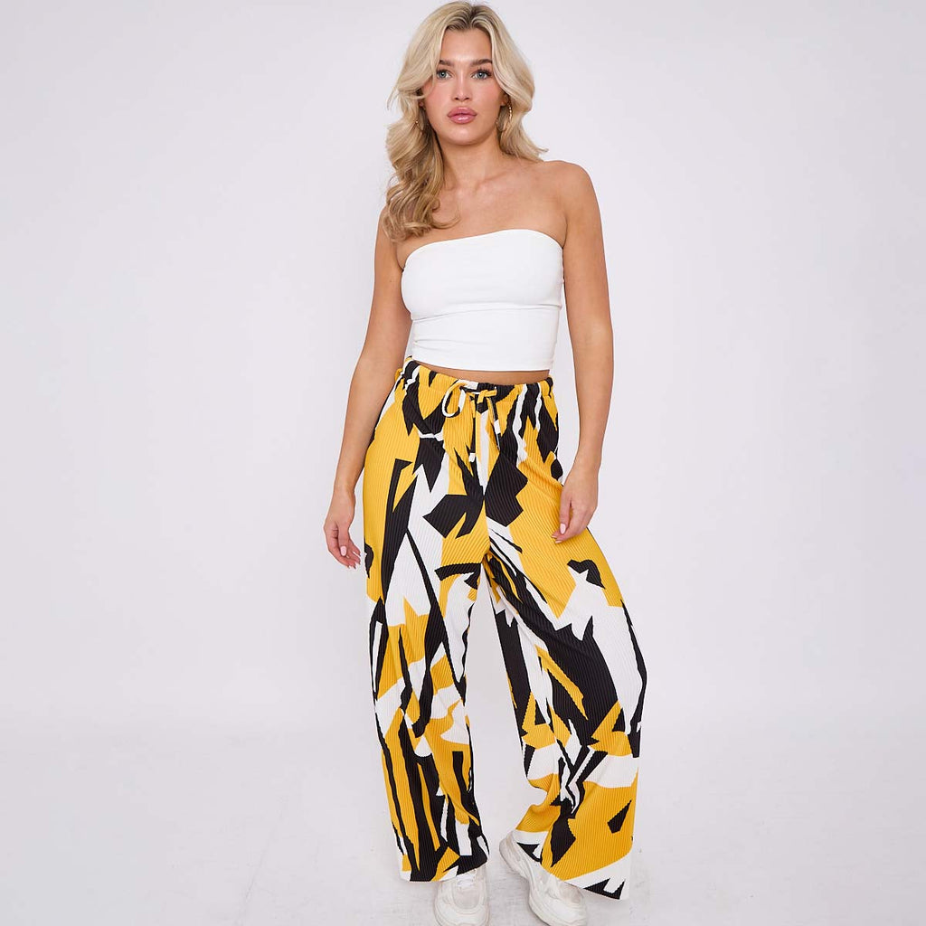 ChicHero Abstract Print Wide-Leg Drawstring Pants Palazzo Pleated Pants