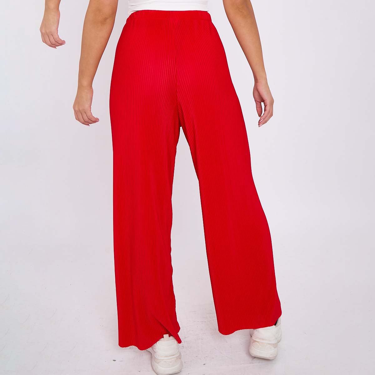 Red Wide-Leg Drawstring Pants Palazzo Pleated Pants