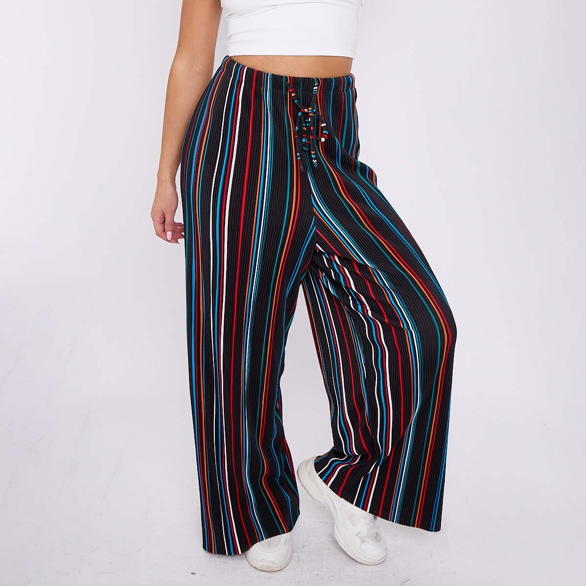 Black Stripe Abstract Print Wide-Leg Drawstring Palazzo Pleated Pants XPLUS(4XL-5XL)