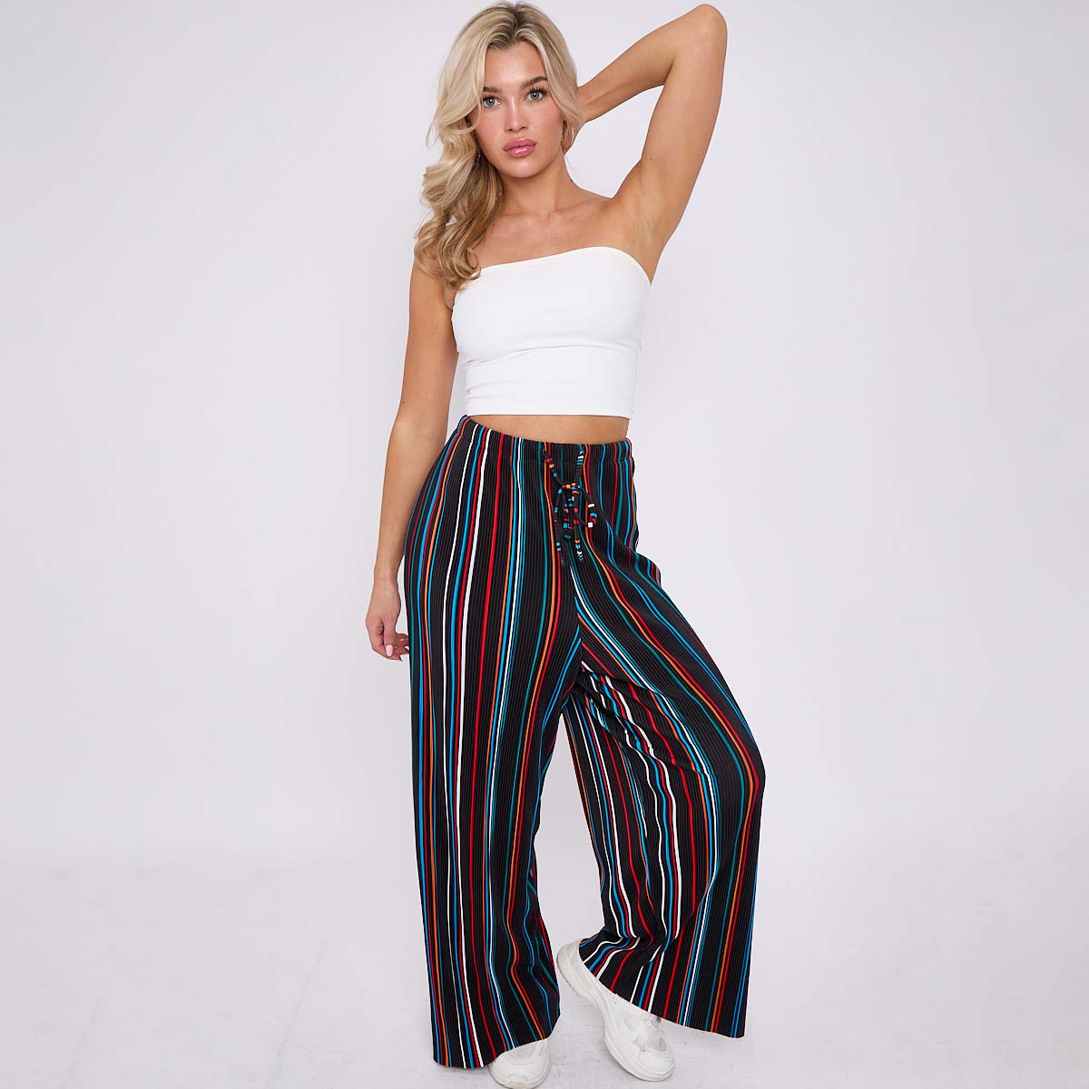 Black Stripe Abstract Print Wide-Leg Drawstring Palazzo Pleated Pants XPLUS(4XL-5XL)