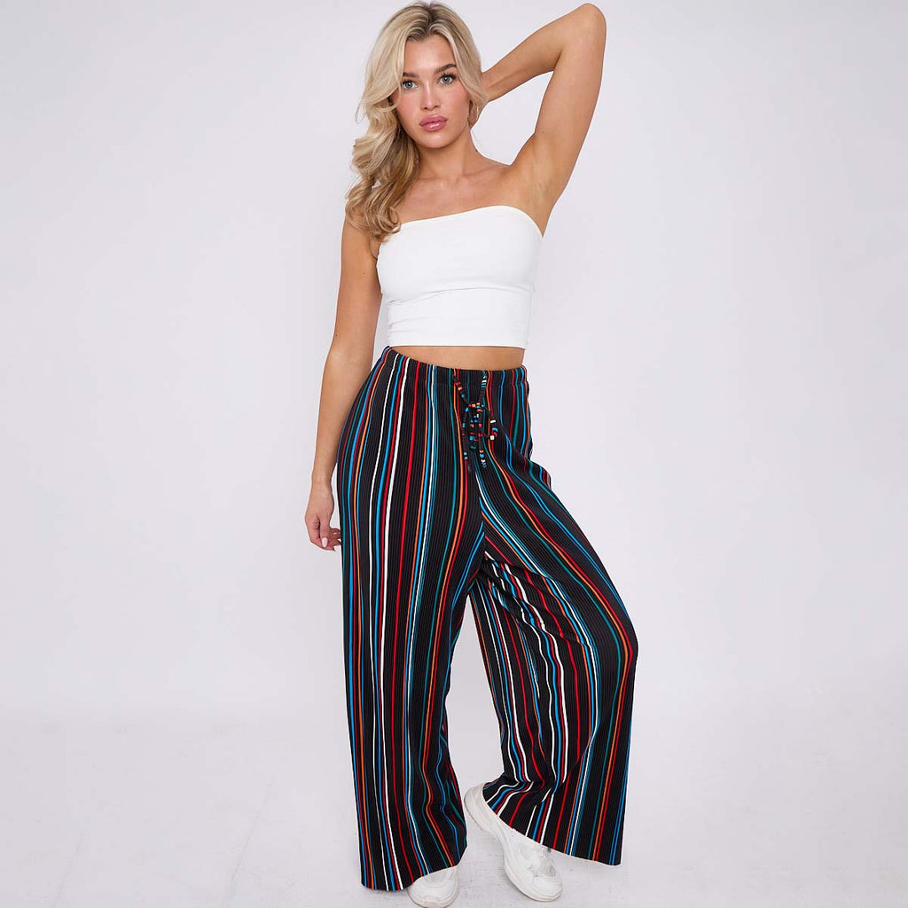Black Stripe Abstract Print Wide-Leg Drawstring Palazzo Pleated Pants PLUS(2XL-3XL)