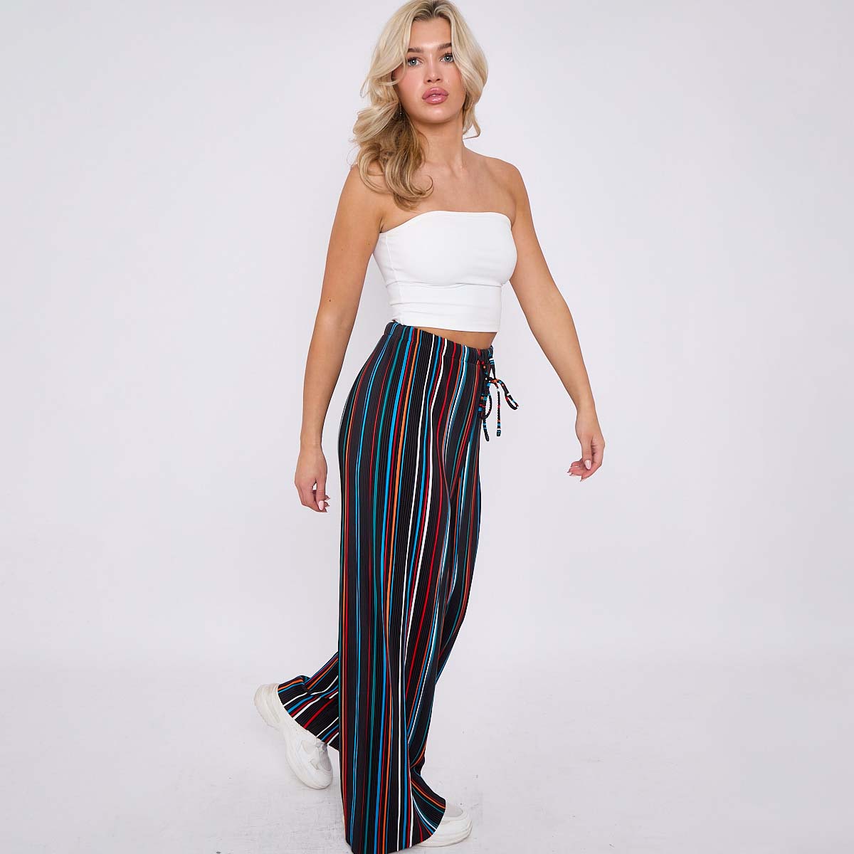 Black Stripe Abstract Print Wide-Leg Drawstring Palazzo Pleated Pants CORE(0XL-XL)