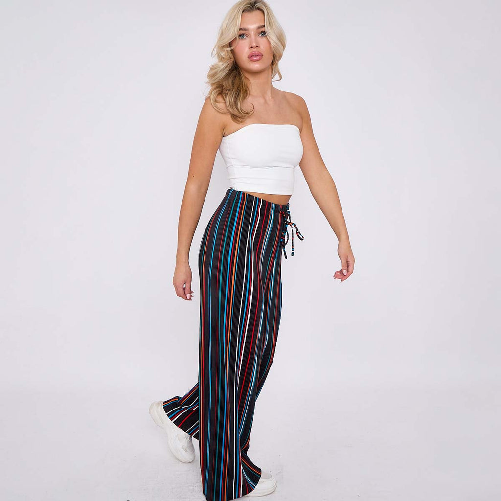 Black Stripe Abstract Print Wide-Leg Drawstring Palazzo Pleated Pants PLUS(2XL-3XL)