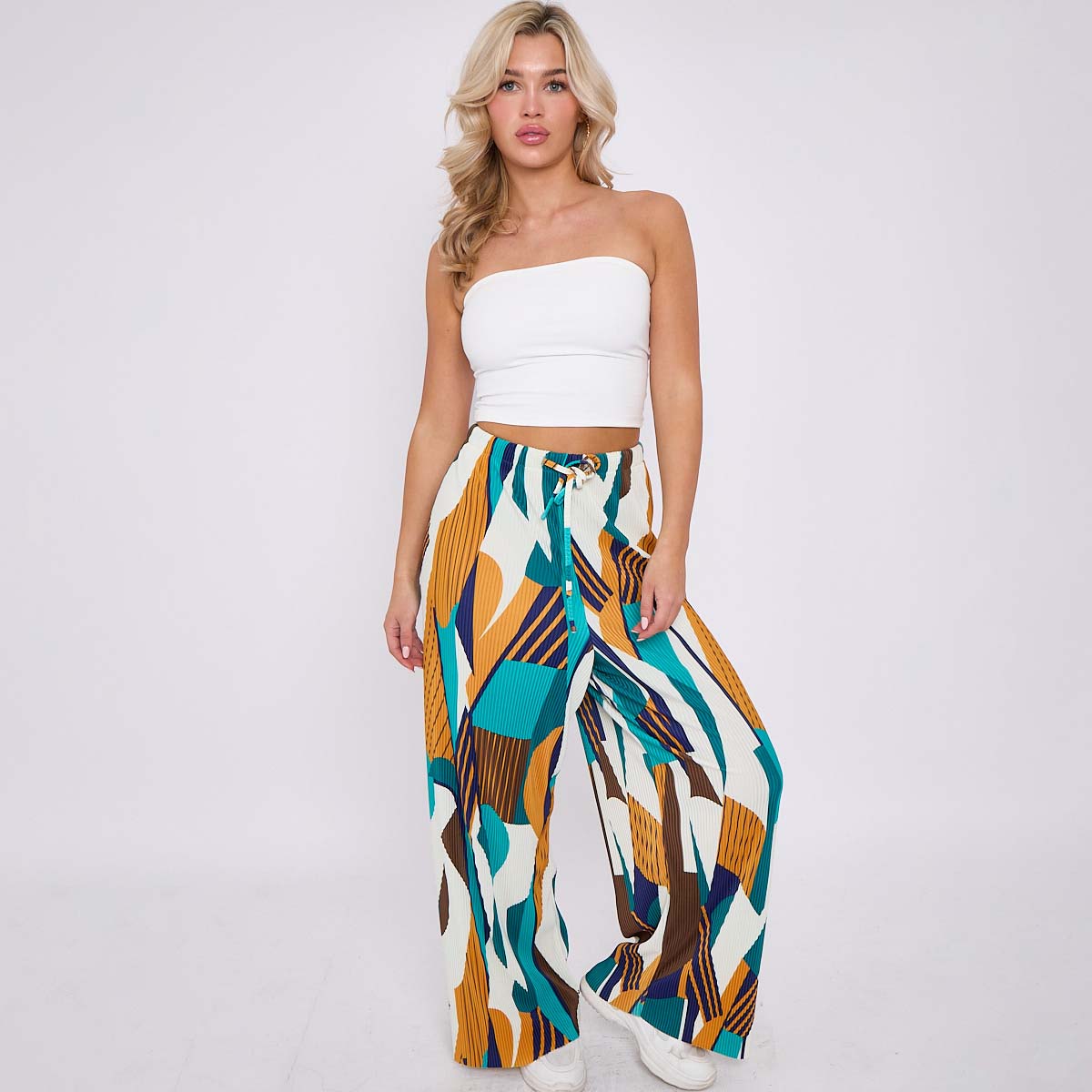 Geometric Patterns Geo Abstract Print Wide-Leg Drawstring Palazzo Pleated Pants