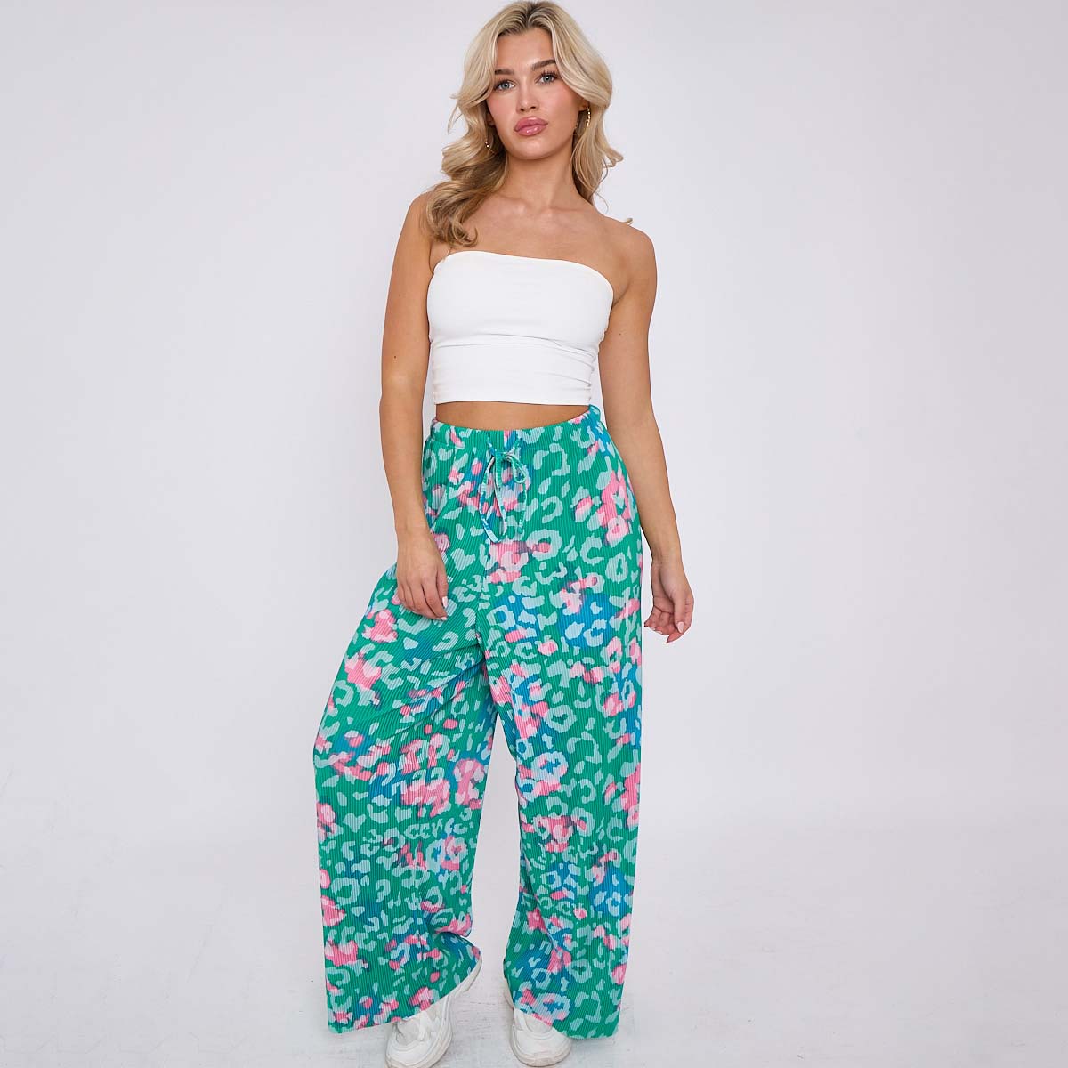 Green Print Abstract Wide-Leg Drawstring Palazzo Pleated Pants