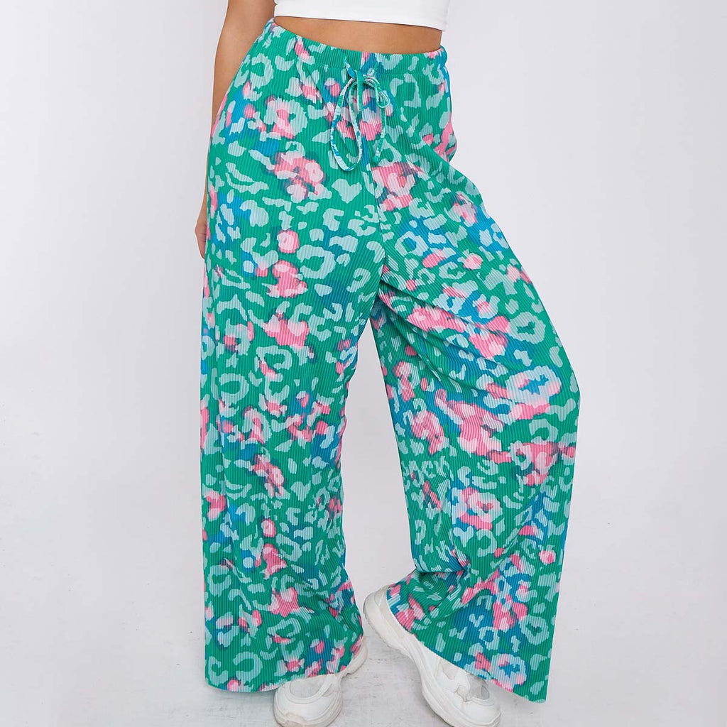 Green Print Abstract Wide-Leg Drawstring Palazzo Pleated Pants