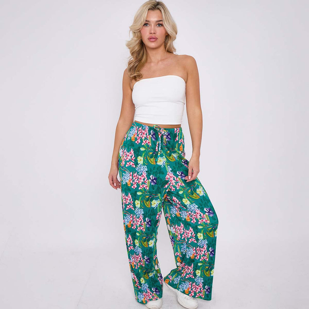 Multicolor Bloom Flower Print Abstract Wide-Leg Drawstring Palazzo Pleated Pants