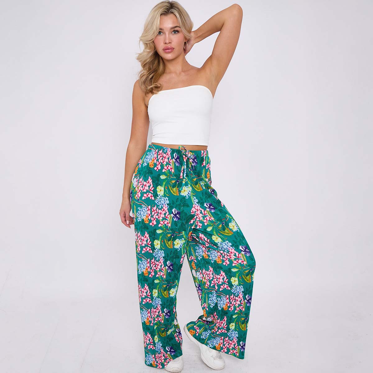 Multicolor Bloom Flower Print Abstract Wide-Leg Drawstring Palazzo Pleated Pants