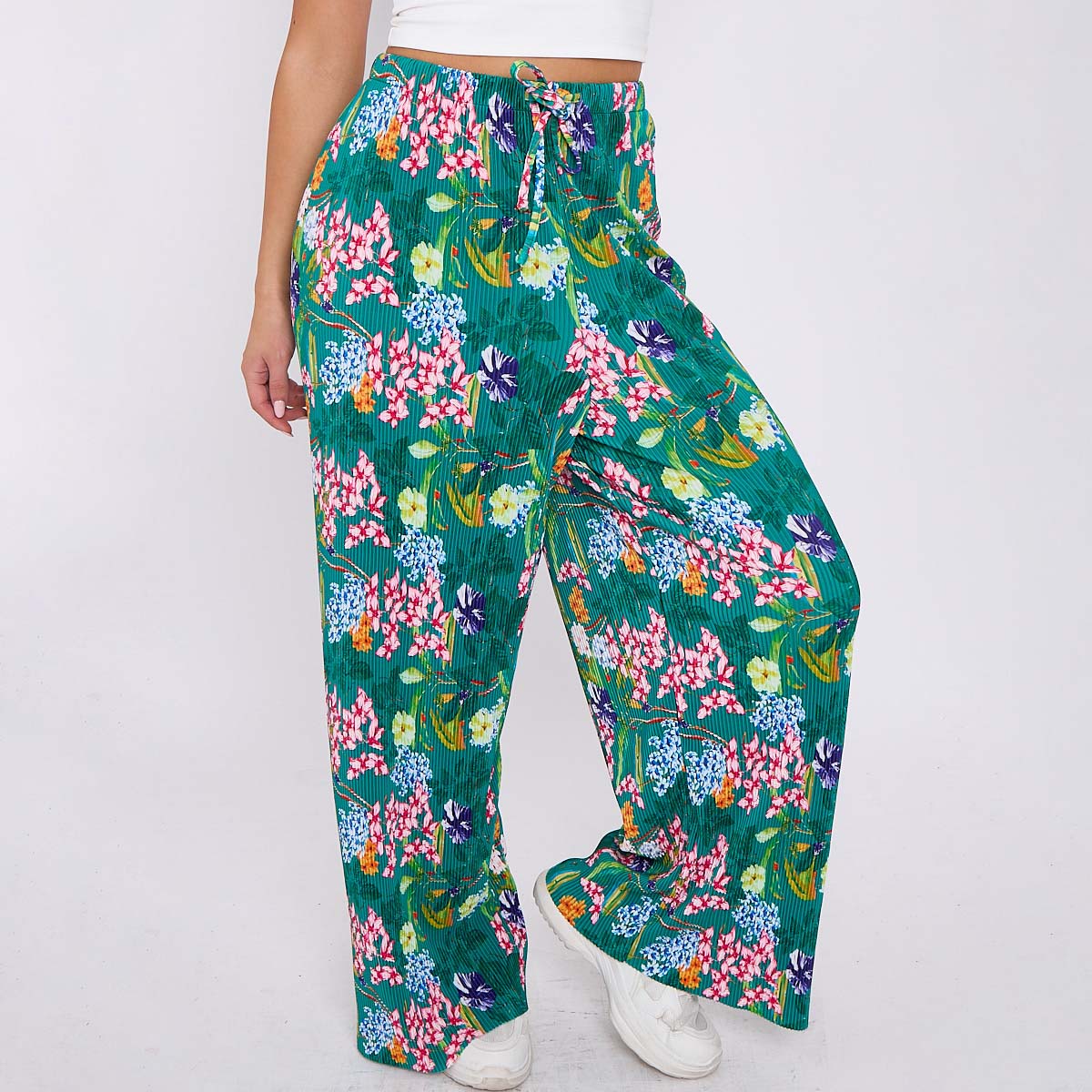 Multicolor Bloom Flower Print Abstract Wide-Leg Drawstring Palazzo Pleated Pants