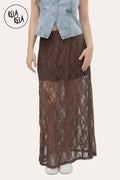 Elegant Sheer Patterned Lace Maxi Skirt in Chocolate