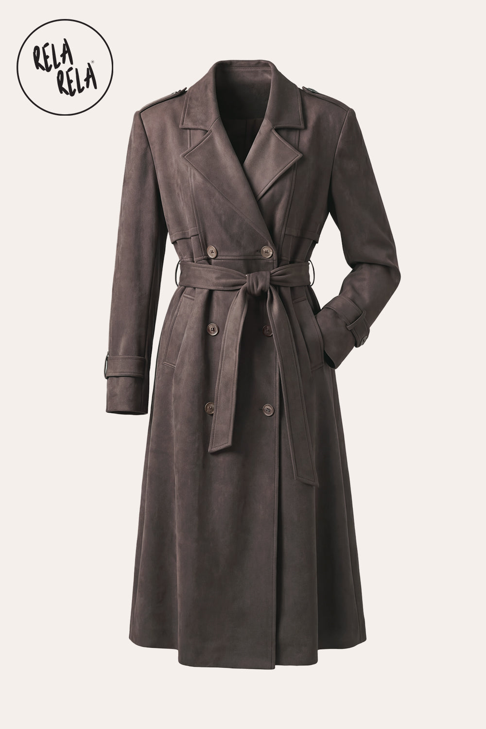 Faux Suede Double-Breasted Belted Midi Trench Coat