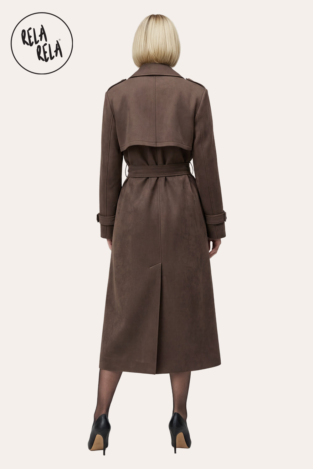 Faux Suede Double-Breasted Belted Midi Trench Coat