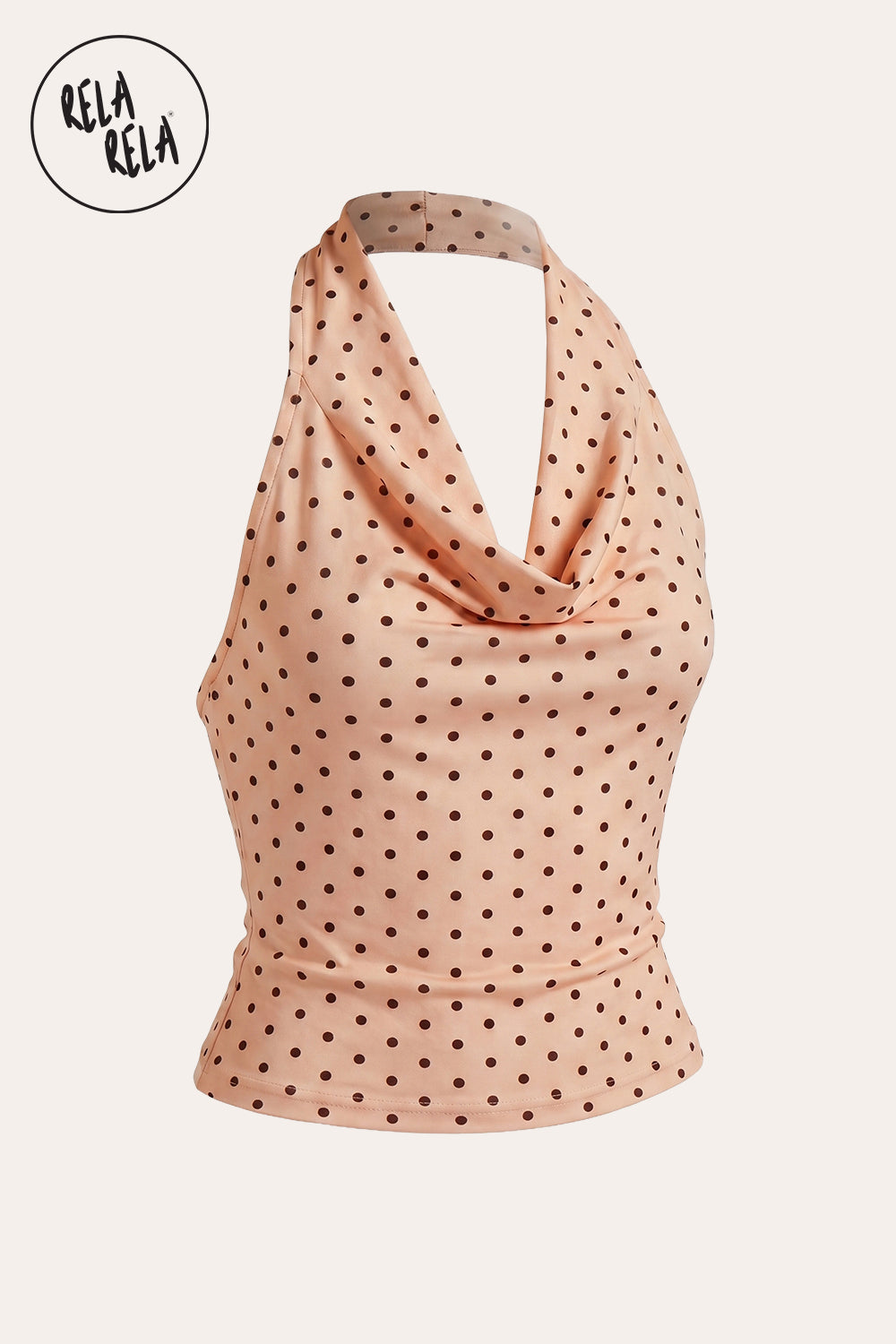 Draped Polka Dot Mesh Halter Top with Cowl Neck in Blush Pink