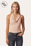 Draped Polka Dot Mesh Halter Top with Cowl Neck in Blush Pink