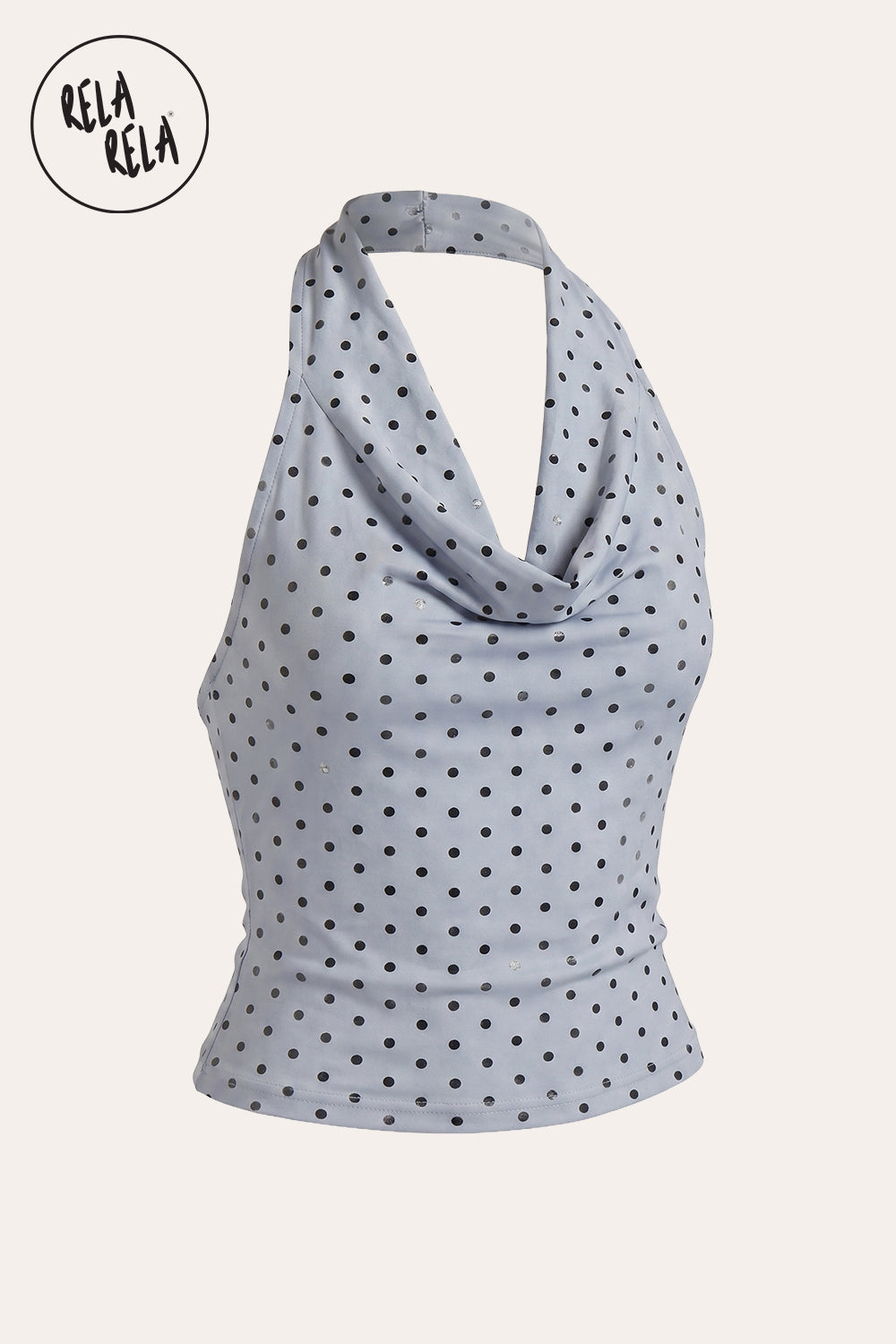 Draped Polka Dot Mesh Halter Top with Cowl Neck in Blue