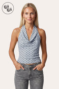 Draped Polka Dot Mesh Halter Top with Cowl Neck in Blue