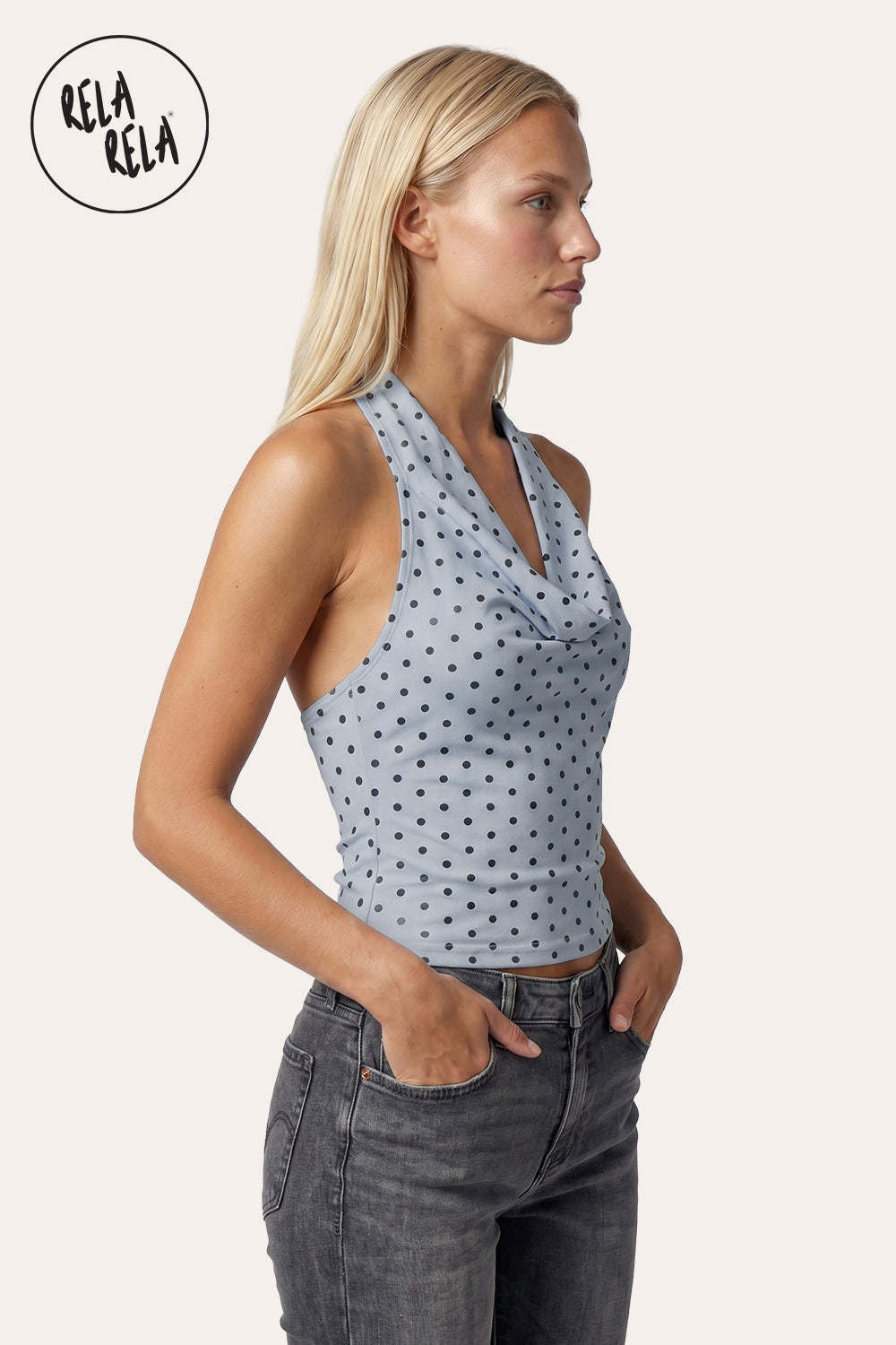 Draped Polka Dot Mesh Halter Top with Cowl Neck in Blue