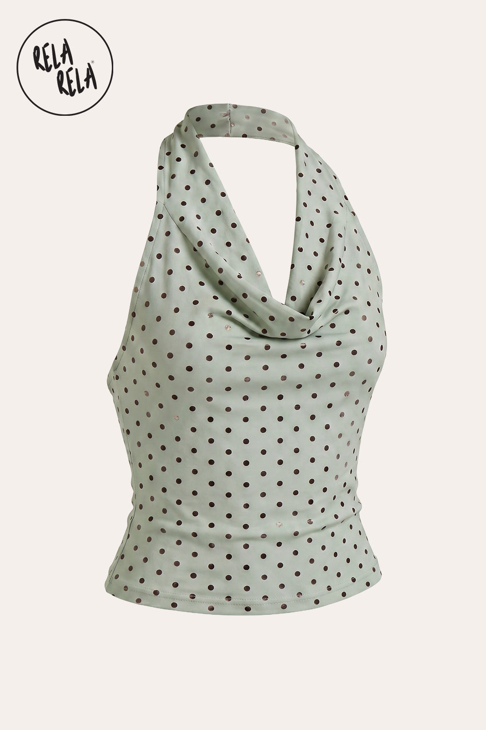 Draped Polka Dot Mesh Halter Top with Cowl Neck in Sage Green