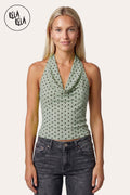 Draped Polka Dot Mesh Halter Top with Cowl Neck in Sage Green