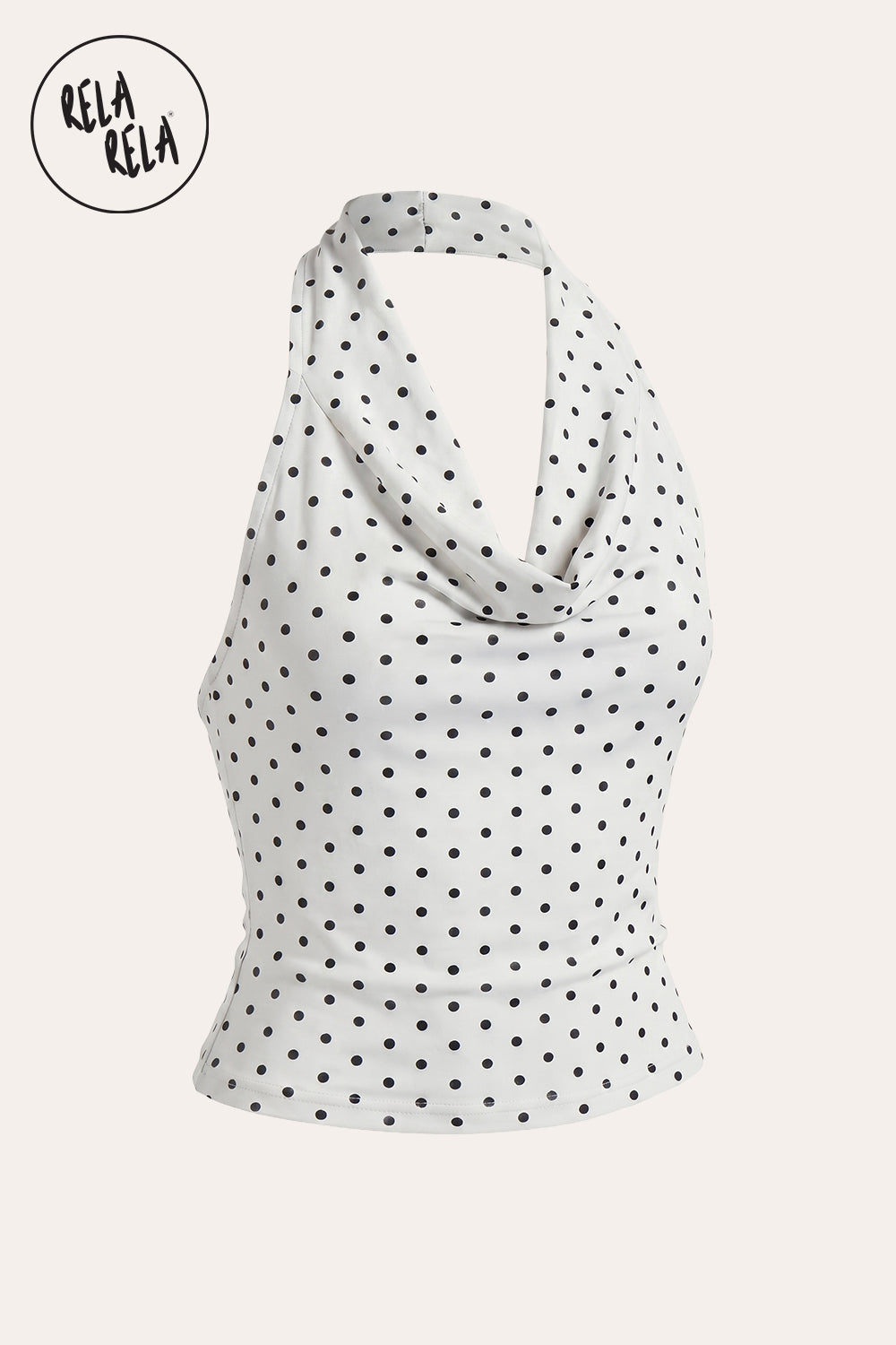 Draped Polka Dot Mesh Halter Top with Cowl Neck in White