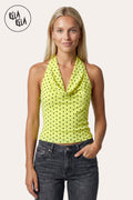 Draped Polka Dot Mesh Halter Top with Cowl Neck in Yellow
