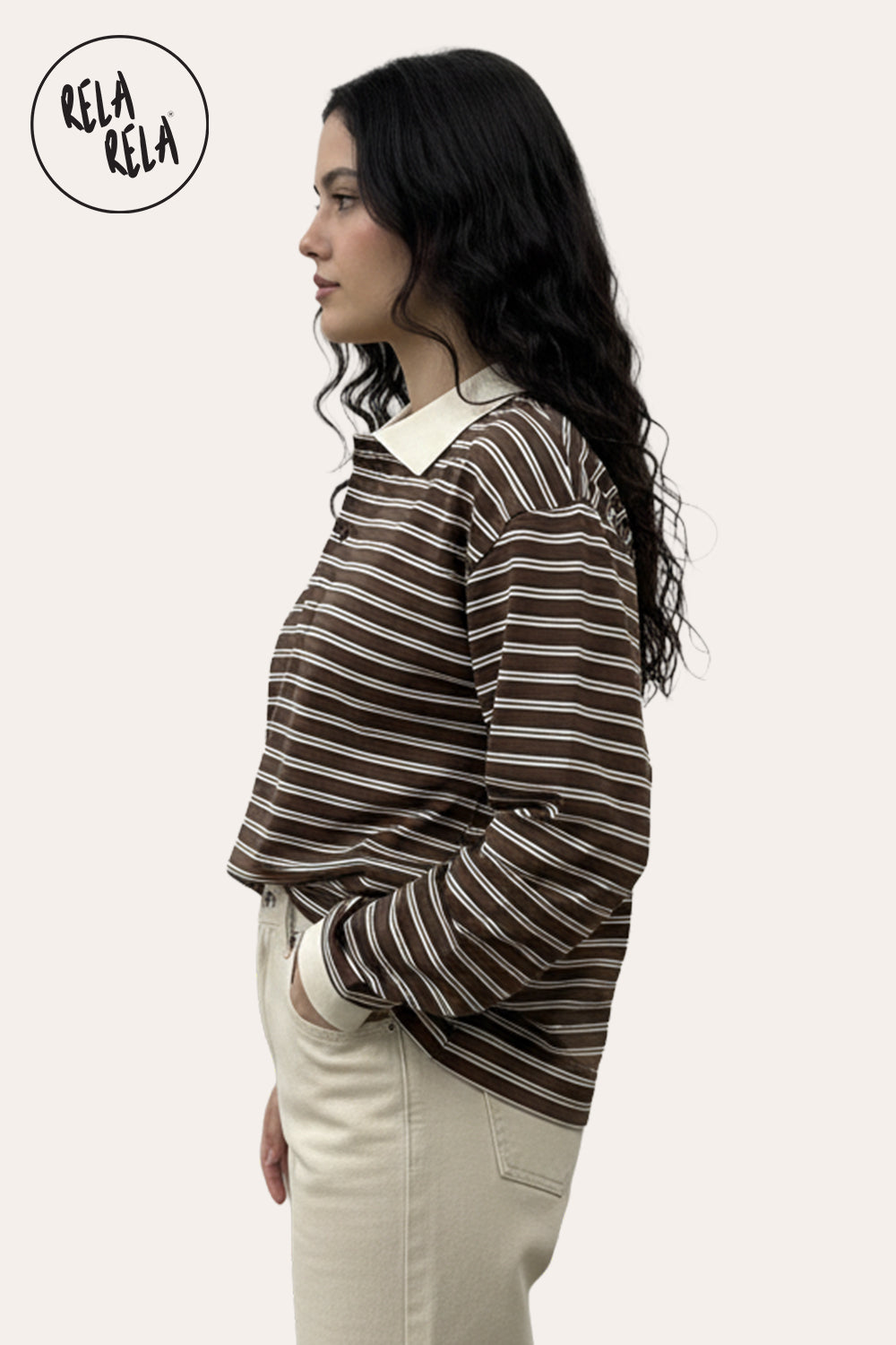Classic Brown Pinstripe Long Sleeve Polo Shirt