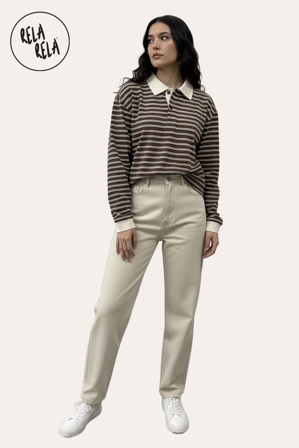 Classic Brown Pinstripe Long Sleeve Polo Shirt