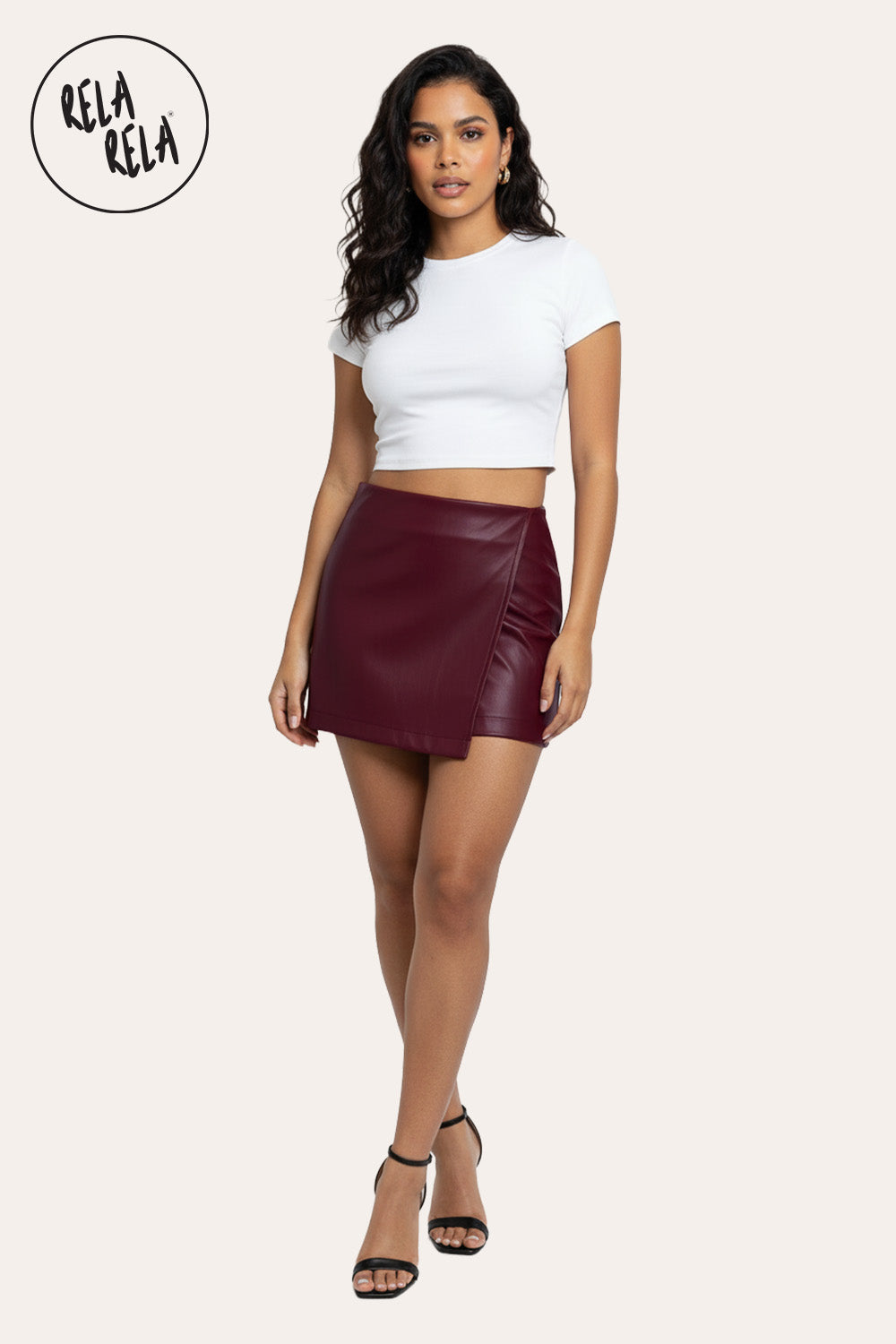 Faux Leather Wrap Front Skorts in Burgundy