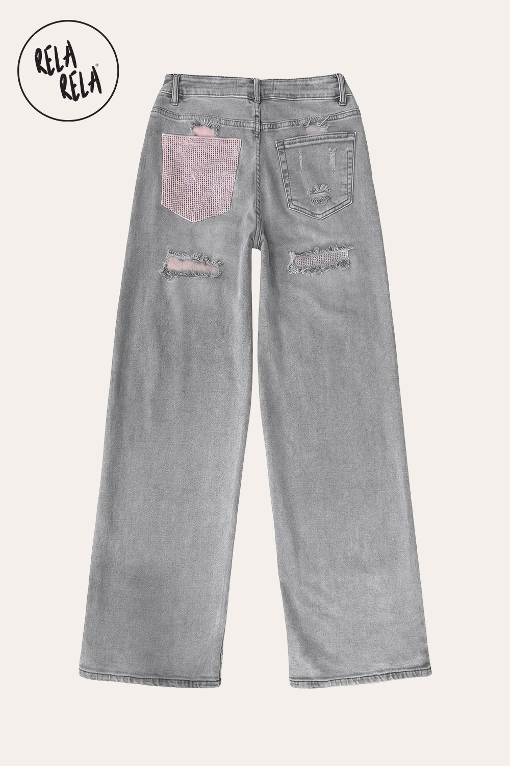 Stretchy Diamante Back Pocket Ripped Jeans in Grey