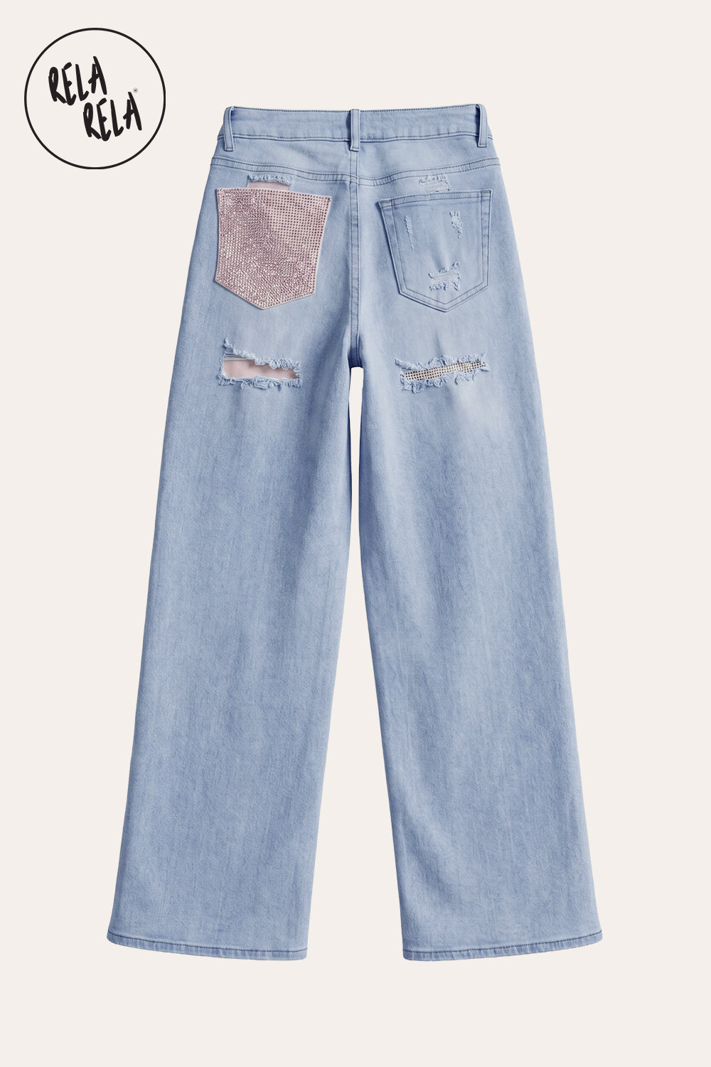 Stretchy Diamante Back Pocket Ripped Jeans in Light Blue