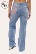 Stretchy Diamante Back Pocket Ripped Jeans in Blue