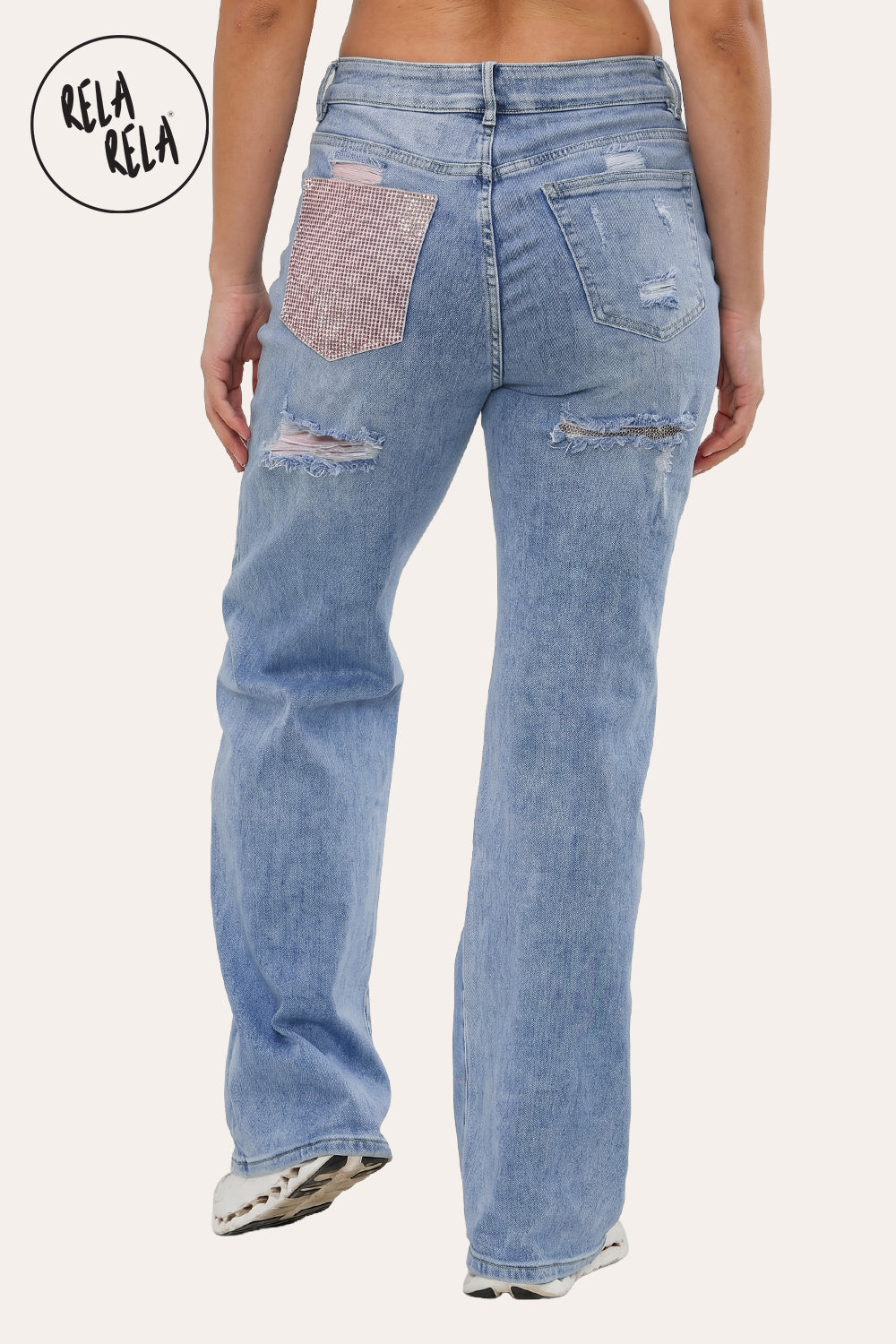 Stretchy Diamante Back Pocket Ripped Jeans in Blue