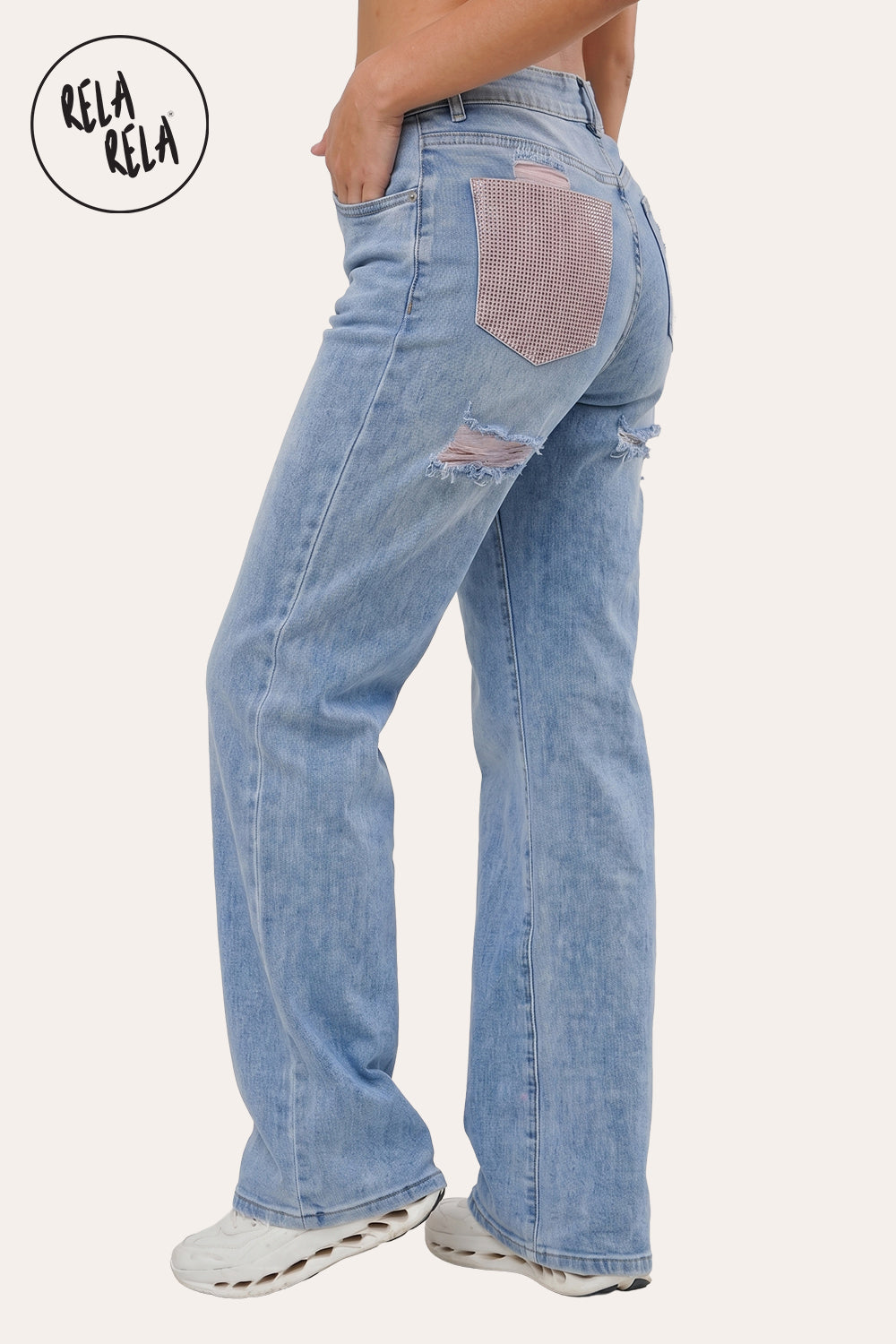 Stretchy Diamante Back Pocket Ripped Jeans in Blue