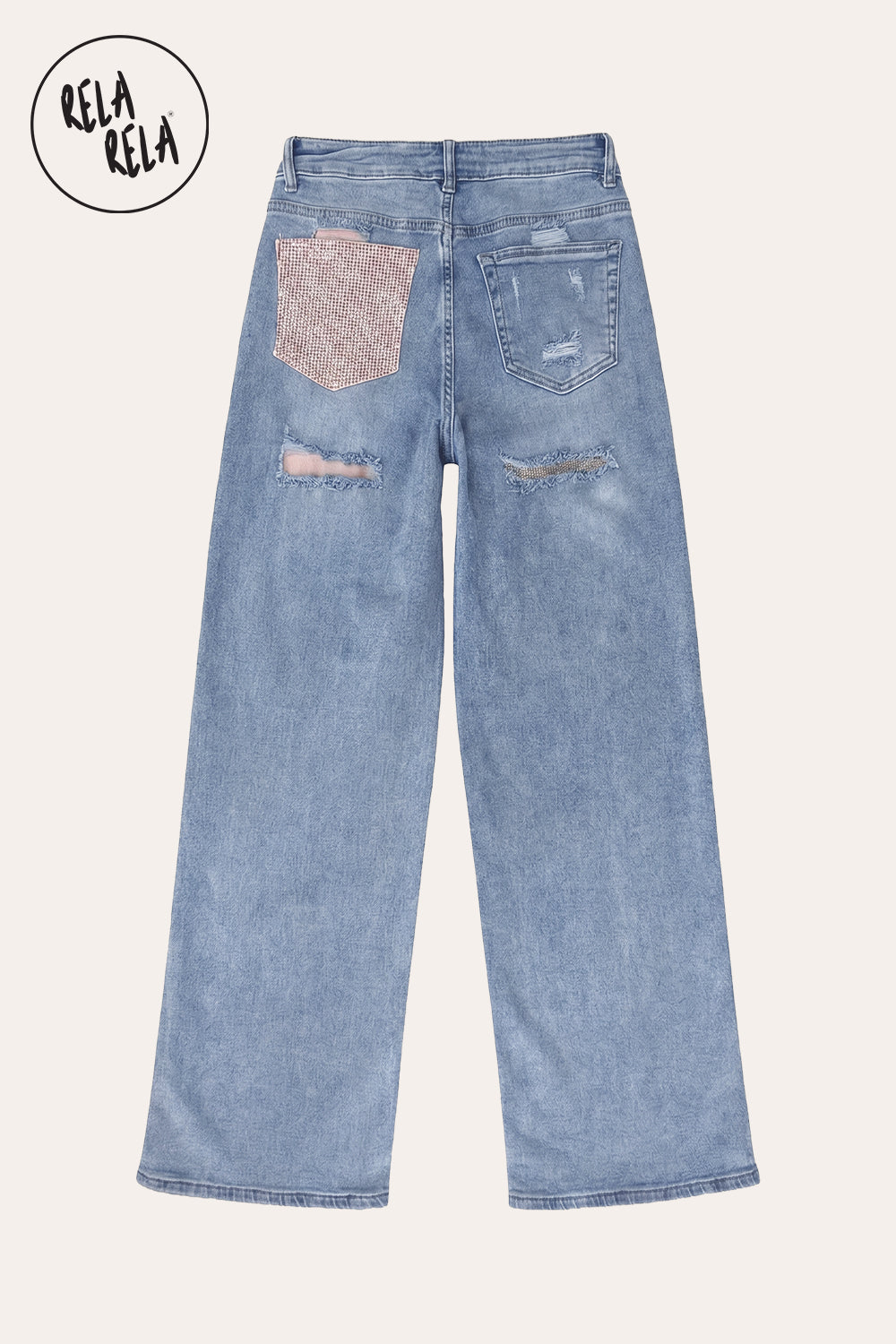 Stretchy Diamante Back Pocket Ripped Jeans in Blue