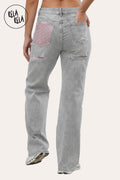 Stretchy Diamante Back Pocket Ripped Jeans in Grey