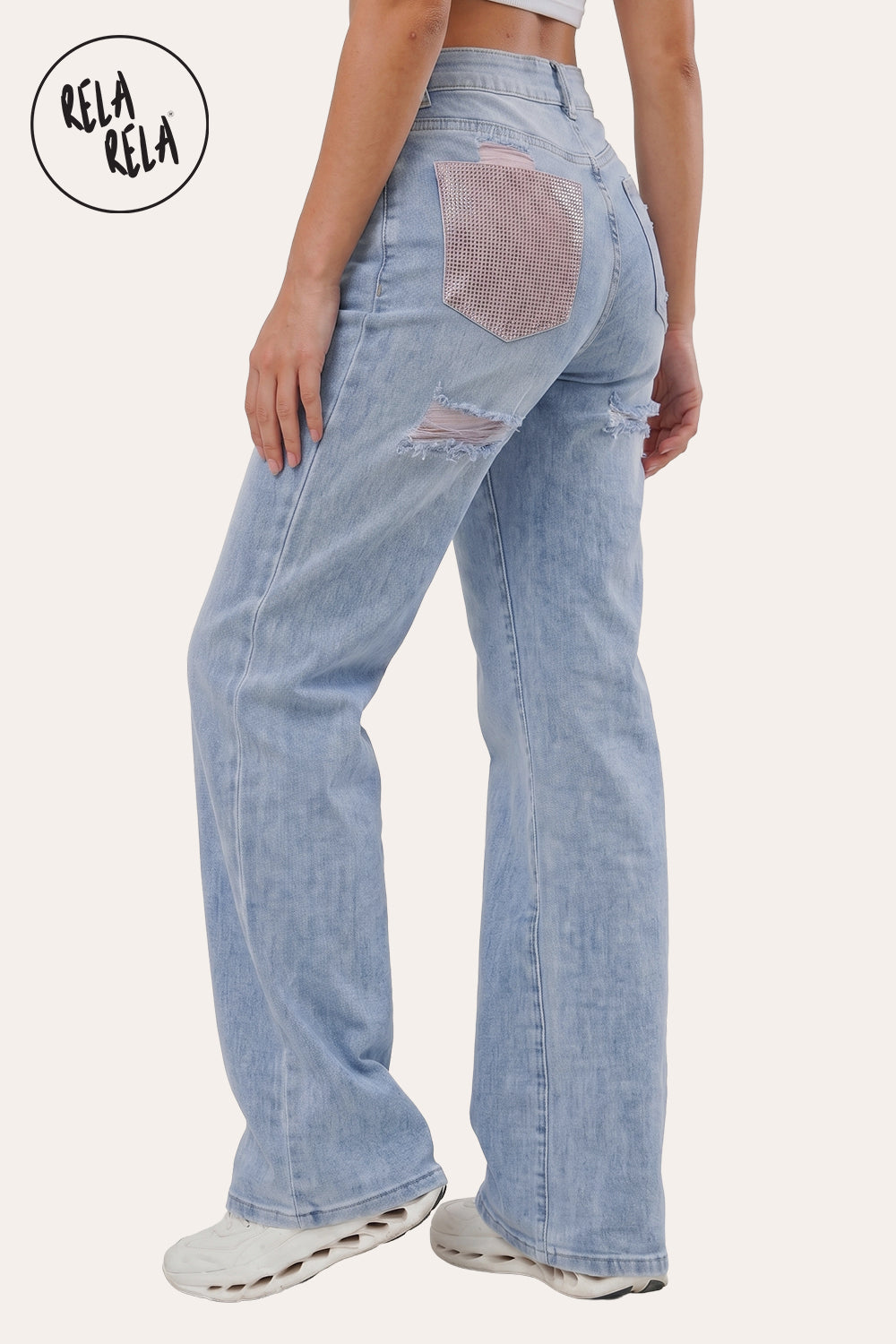 Stretchy Diamante Back Pocket Ripped Jeans in Light Blue