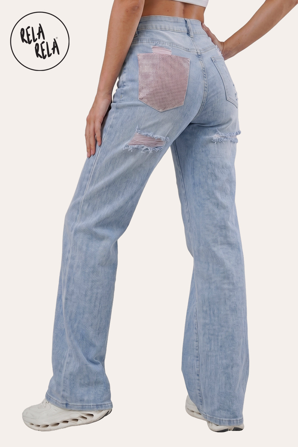 Stretchy Diamante Back Pocket Ripped Jeans in Light Blue