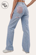 Stretchy Diamante Back Pocket Ripped Jeans in Light Blue