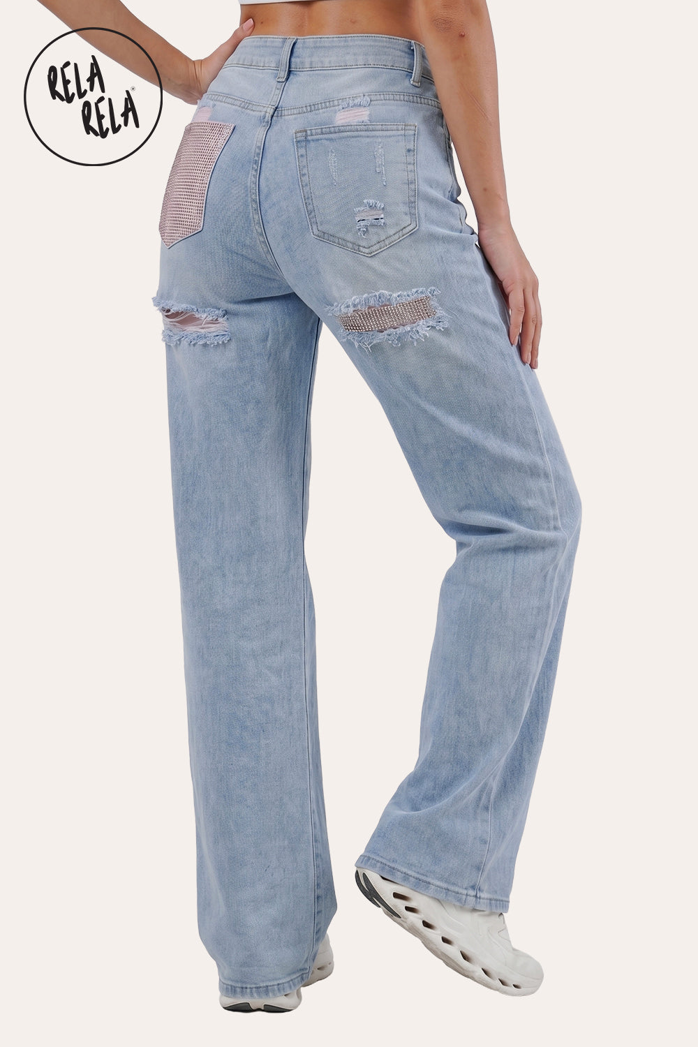 Stretchy Diamante Back Pocket Ripped Jeans in Light Blue