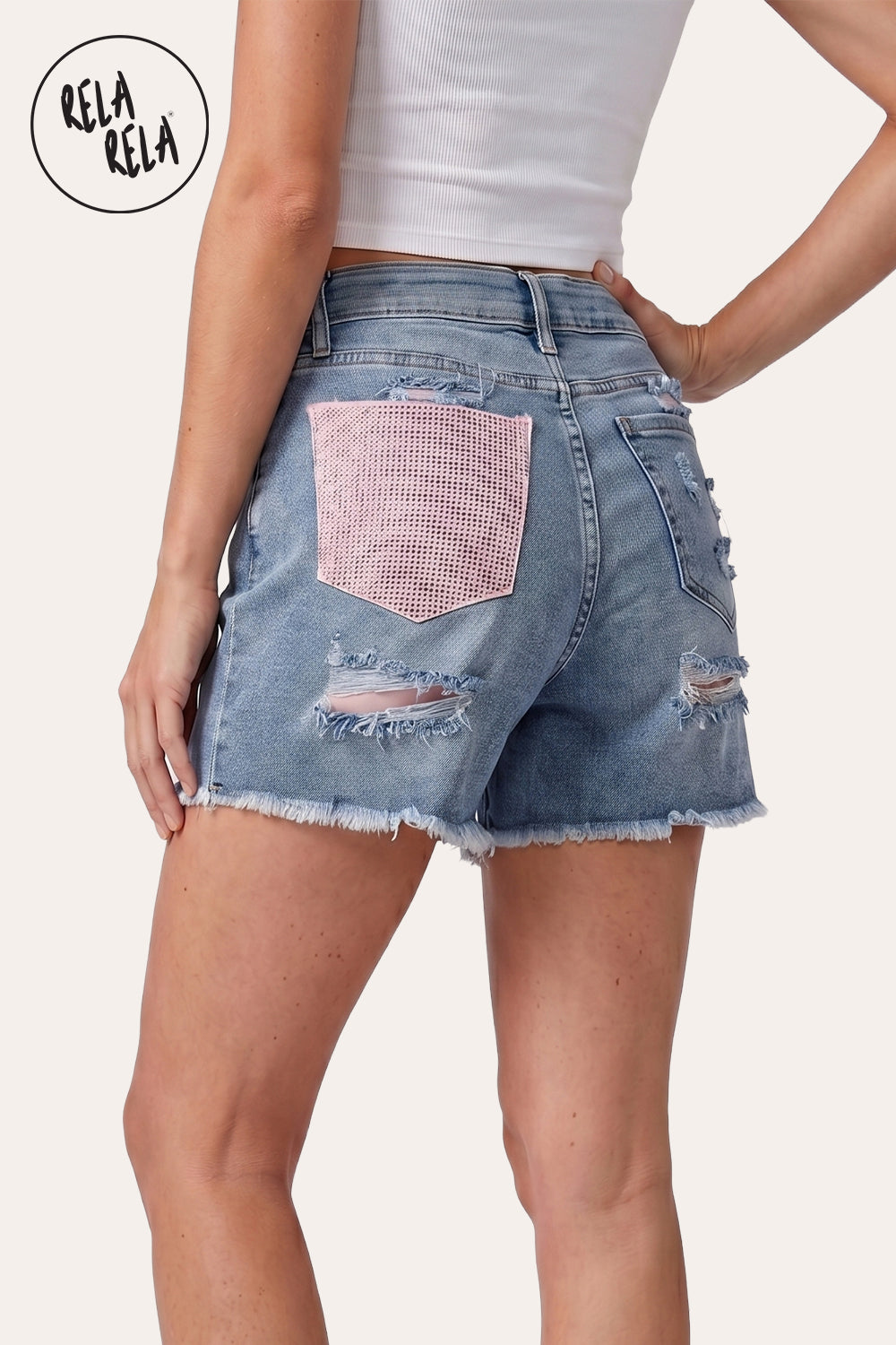 Rhinestone Distressed Stretchy Shorts in Light Blue