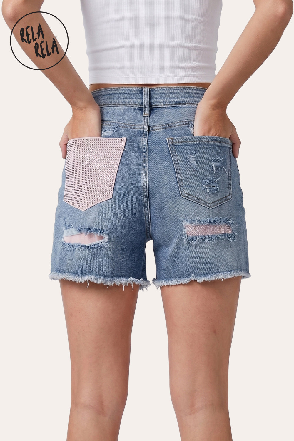 Rhinestone Distressed Stretchy Shorts in Light Blue