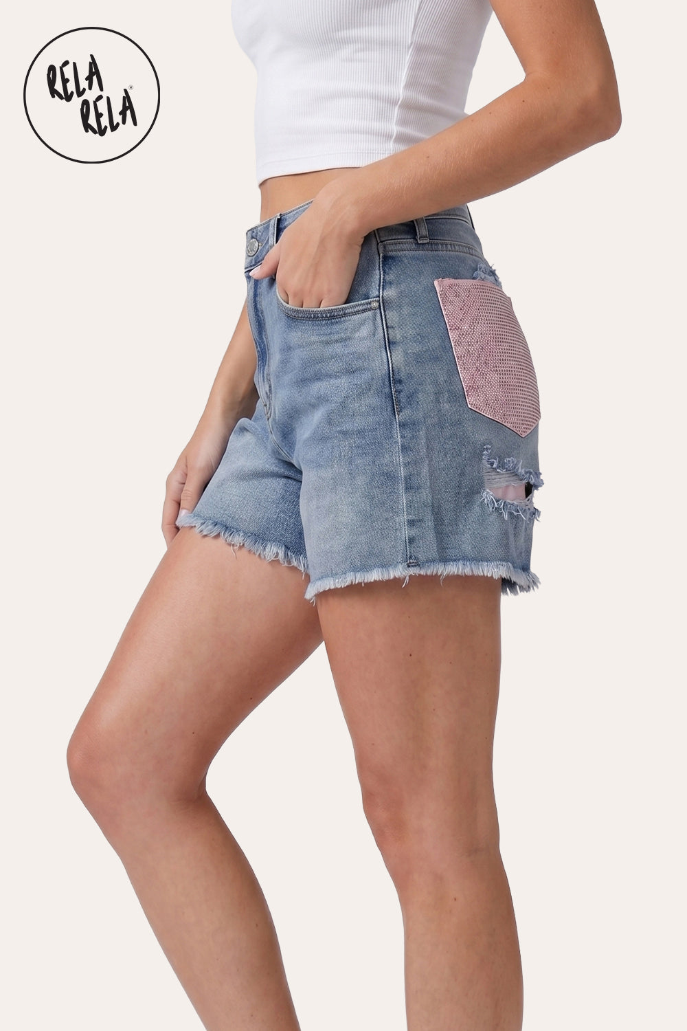 Rhinestone Distressed Stretchy Shorts in Light Blue