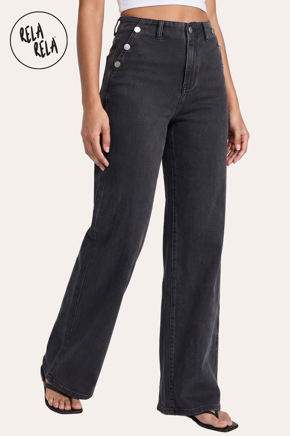 Tall Girl Friendly Button Detail Wide Leg Jeans in Charcoal